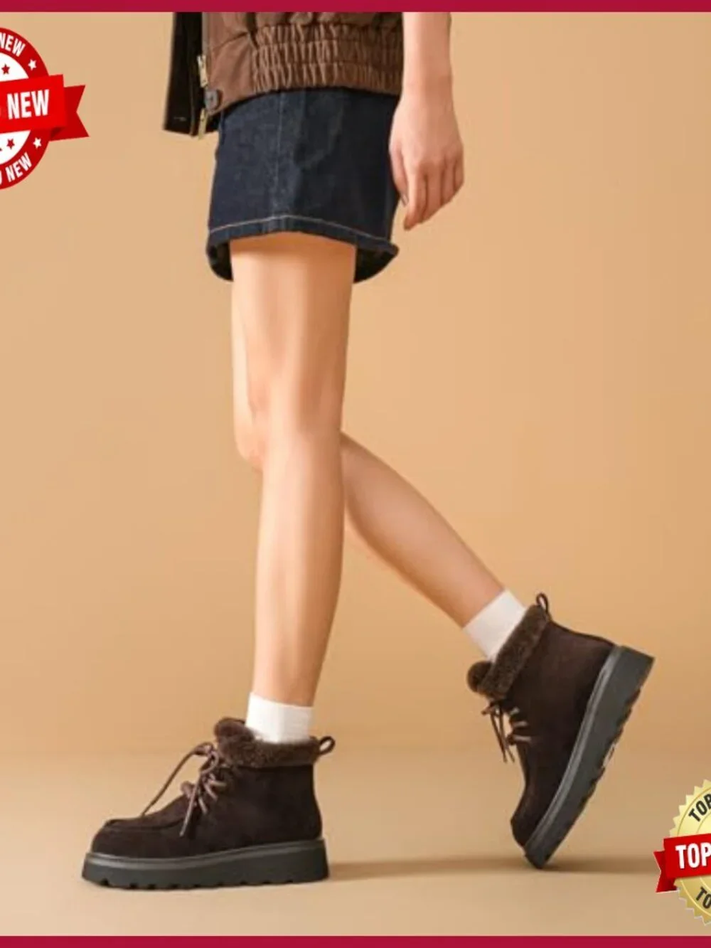 Winter Snow Boots, Genuine Suede Platform Boots, Warm Fur Lined Lace Up Ankle